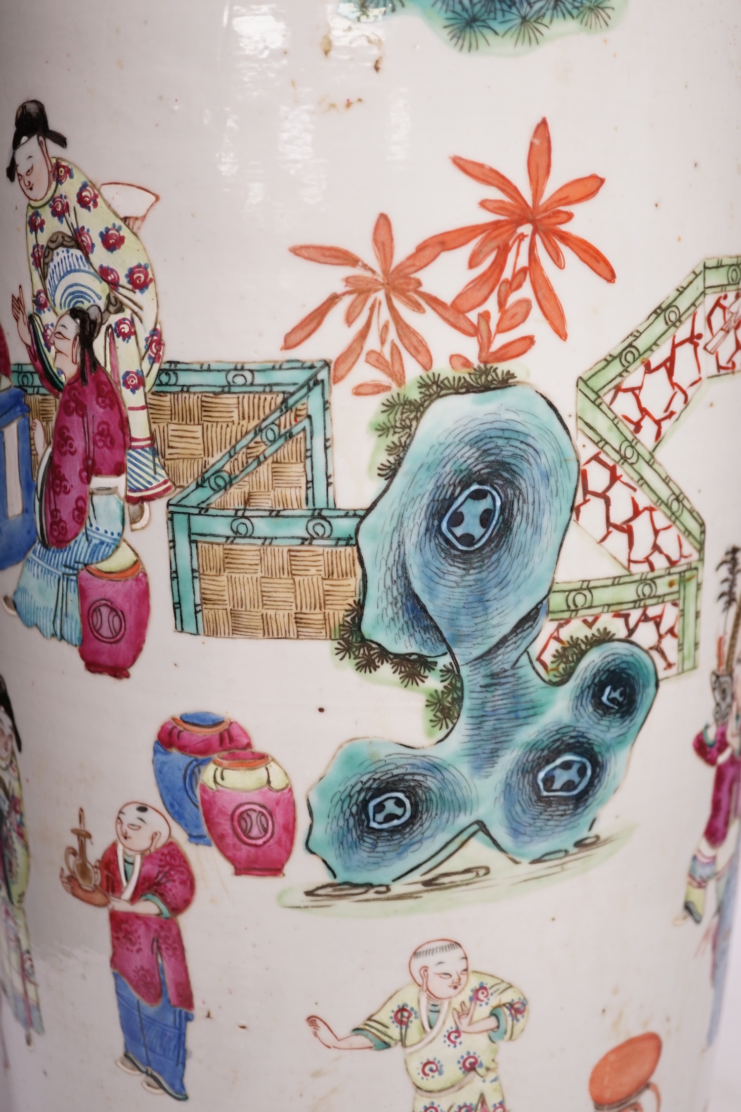 A large 19th century Chinese famille rose rouleau vase, 64cm. Condition - rim and neck have discoloured restored, otherwise fair